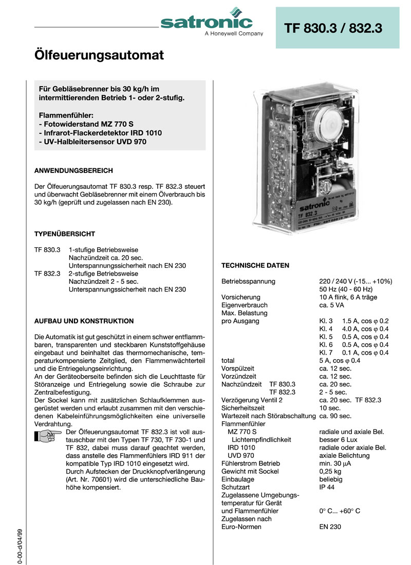 Relais Satronic TF 830.3 Technische Angaben